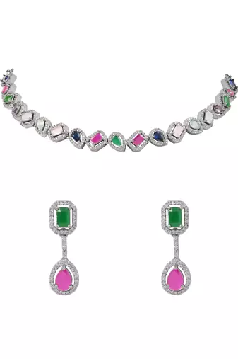Silver plated cubic zirconia american diamond necklace & earrings jewellery set for women