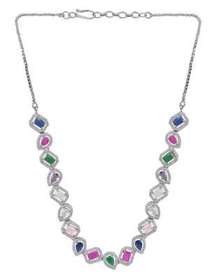Silver plated cubic zirconia american diamond necklace & earrings jewellery set for women 3