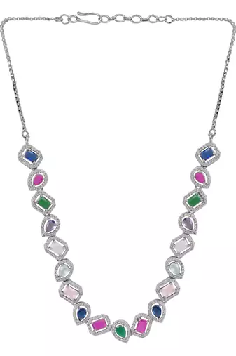 Silver plated cubic zirconia american diamond necklace & earrings jewellery set for women