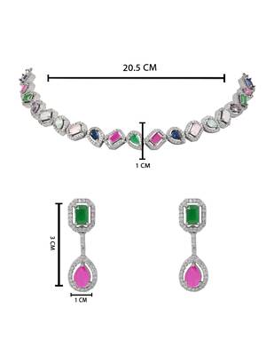 Silver plated cubic zirconia american diamond necklace & earrings jewellery set for women 4
