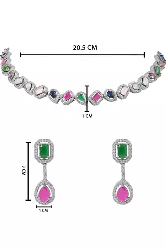 Silver plated cubic zirconia american diamond necklace & earrings jewellery set for women