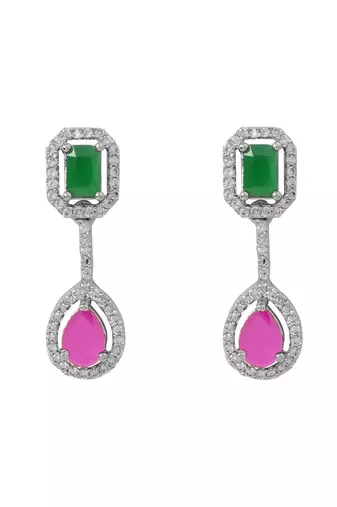Silver plated cubic zirconia american diamond necklace & earrings jewellery set for women