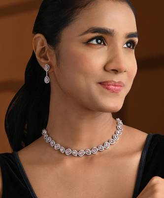 Silver plated cubic zirconia american diamond necklace & earrings jewellery set for women 1