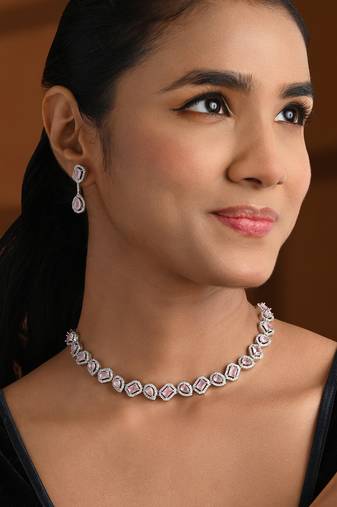 Silver plated cubic zirconia american diamond necklace & earrings jewellery set for women