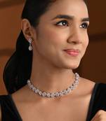 Silver plated cubic zirconia american diamond necklace & earrings jewellery set for women