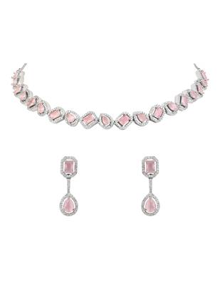 Silver plated cubic zirconia american diamond necklace & earrings jewellery set for women 2