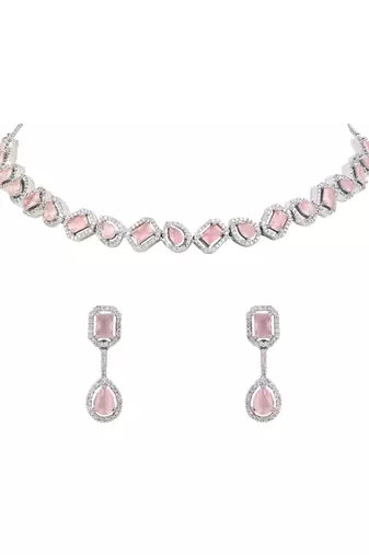 Silver plated cubic zirconia american diamond necklace & earrings jewellery set for women