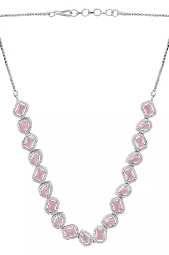 Silver plated cubic zirconia american diamond necklace & earrings jewellery set for women