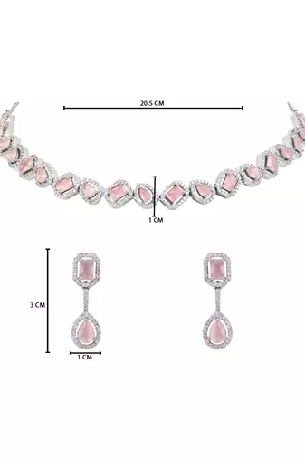 Silver plated cubic zirconia american diamond necklace & earrings jewellery set for women