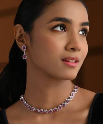 Silver plated cubic zirconia american diamond necklace & earrings jewellery set for women 1