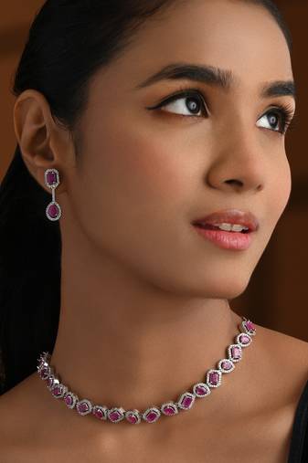 Silver plated cubic zirconia american diamond necklace & earrings jewellery set for women