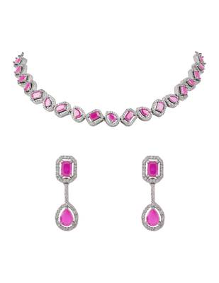 Silver plated cubic zirconia american diamond necklace & earrings jewellery set for women 2
