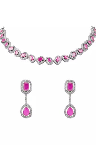 Silver plated cubic zirconia american diamond necklace & earrings jewellery set for women