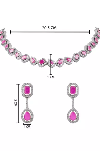 Silver plated cubic zirconia american diamond necklace & earrings jewellery set for women