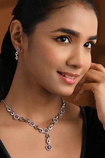 Silver plated cubic zirconia american diamond necklace & earrings jewellery set for women
