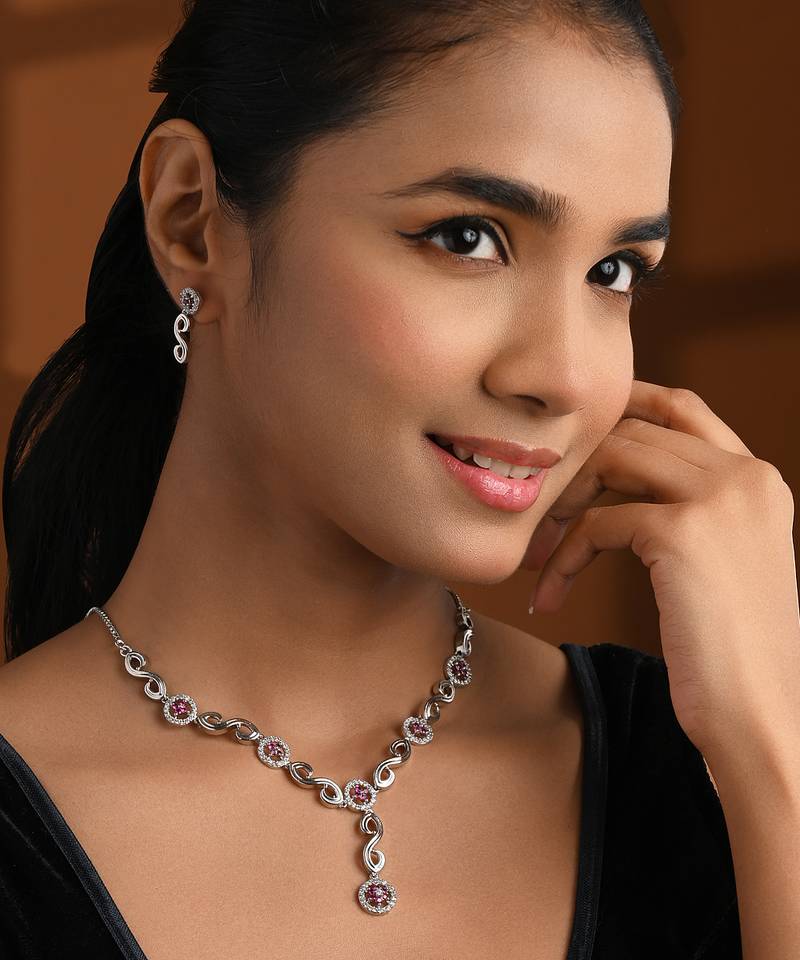 Silver plated cubic zirconia american diamond necklace & earrings jewellery set for women