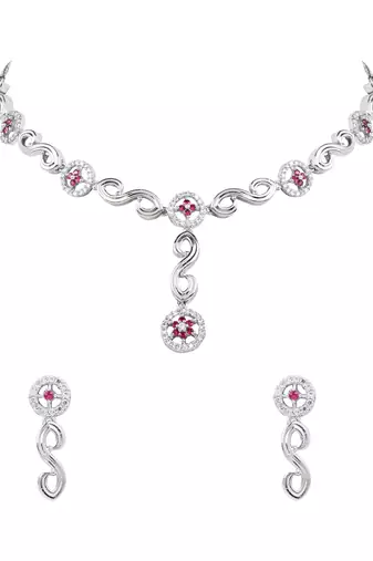 Silver plated cubic zirconia american diamond necklace & earrings jewellery set for women