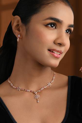 Rose gold plated cubic zirconia american diamond necklace & earrings jewellery set for women