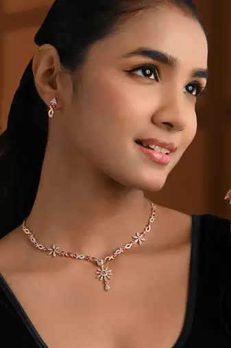 Rose gold plated cubic zirconia american diamond necklace & earrings jewellery set for women