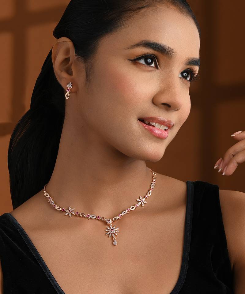 Rose gold plated cubic zirconia american diamond necklace & earrings jewellery set for women