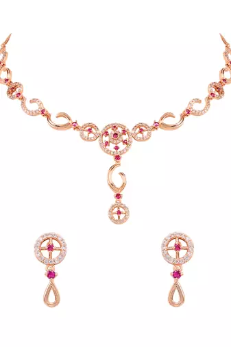 Rose gold plated cubic zirconia american diamond necklace & earrings jewellery set for women