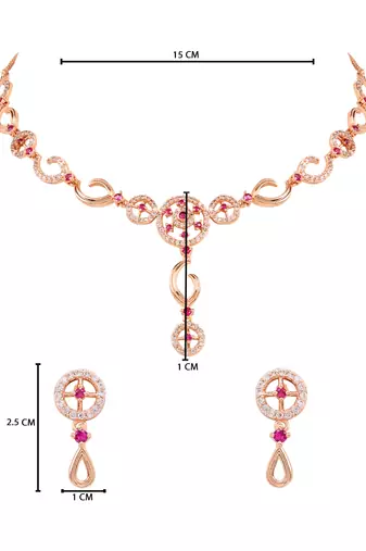 Rose gold plated cubic zirconia american diamond necklace & earrings jewellery set for women