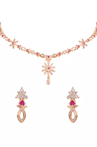 Gold plated cubic zirconia american diamond necklace & earrings jewellery set for women