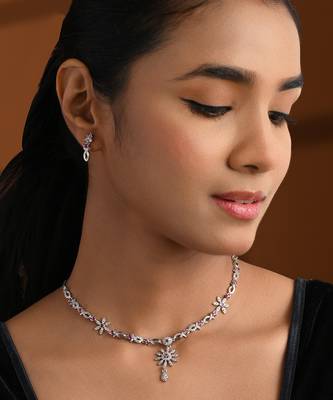 Silver plated cubic zirconia american diamond necklace & earrings jewellery set for women 1
