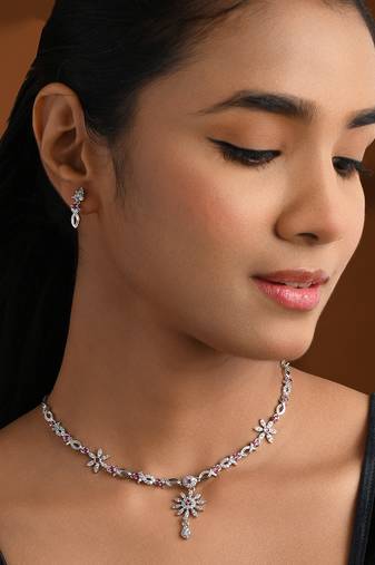 Silver plated cubic zirconia american diamond necklace & earrings jewellery set for women