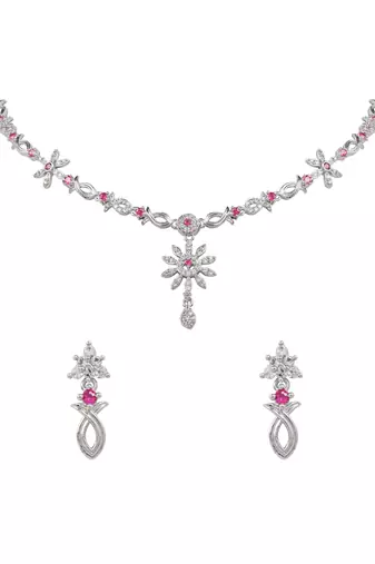 Silver plated cubic zirconia american diamond necklace & earrings jewellery set for women