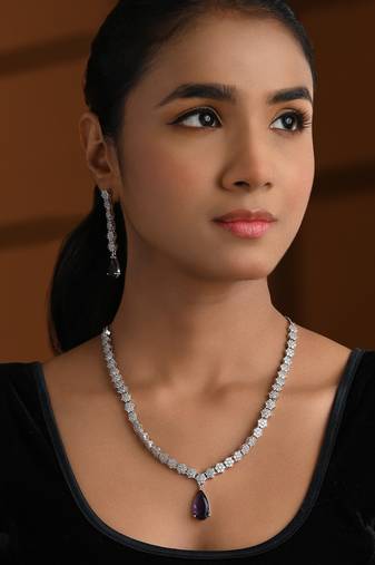 Silver plated cubic zirconia american diamond necklace & earrings jewellery set for women
