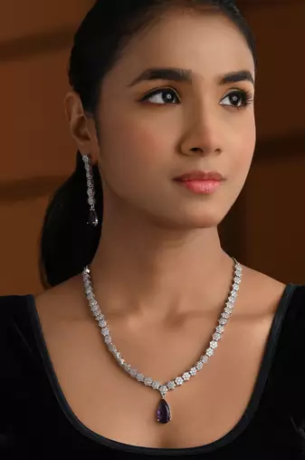 Silver plated cubic zirconia american diamond necklace & earrings jewellery set for women