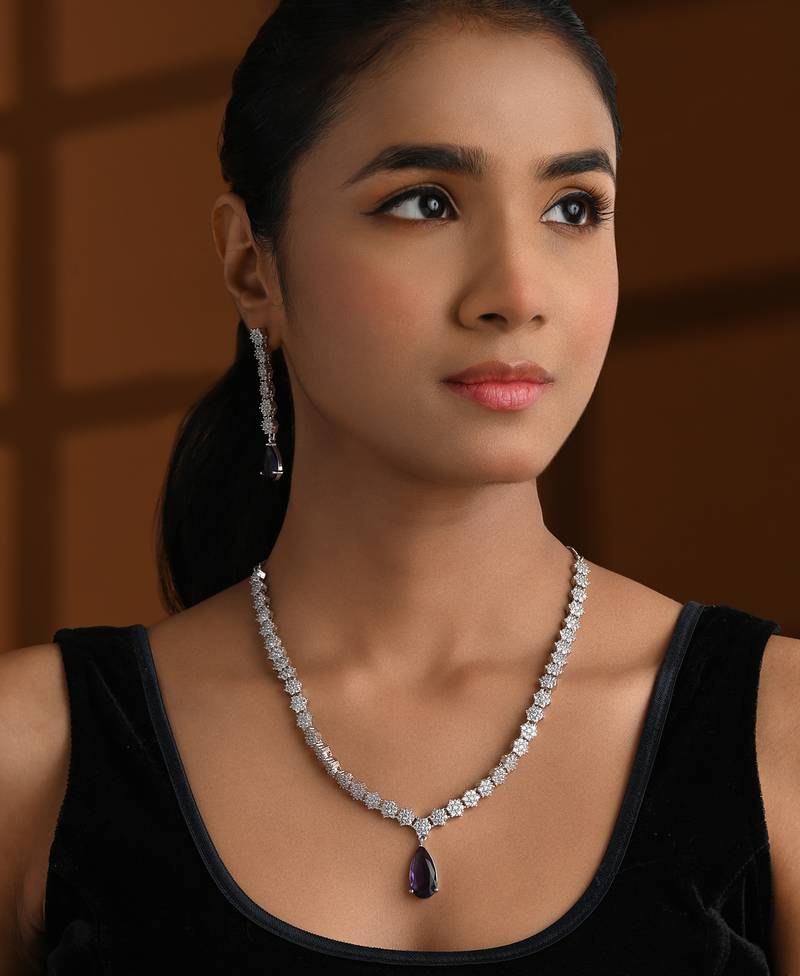 Silver plated cubic zirconia american diamond necklace & earrings jewellery set for women