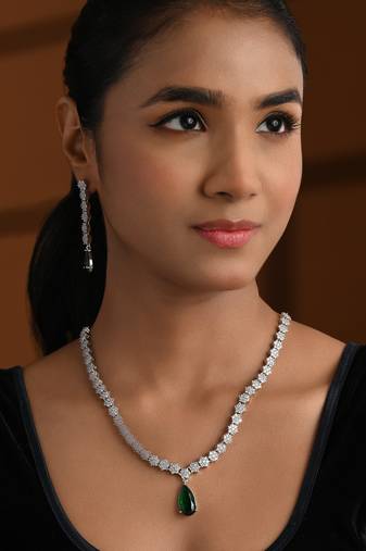 Silver plated cubic zirconia american diamond necklace & earrings jewellery set for women