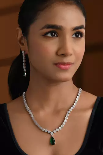 Silver plated cubic zirconia american diamond necklace & earrings jewellery set for women
