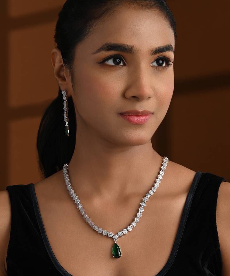 Silver plated cubic zirconia american diamond necklace & earrings jewellery set for women