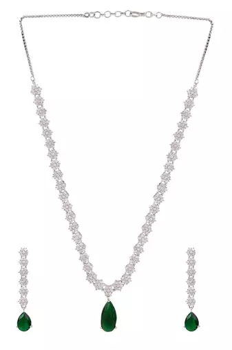 Silver plated cubic zirconia american diamond necklace & earrings jewellery set for women