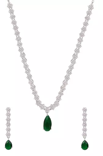 Silver plated cubic zirconia american diamond necklace & earrings jewellery set for women