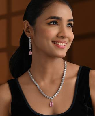 Silver plated cubic zirconia american diamond necklace & earrings jewellery set for women 1