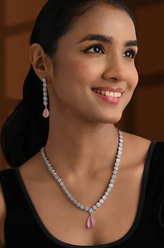 Silver plated cubic zirconia american diamond necklace & earrings jewellery set for women