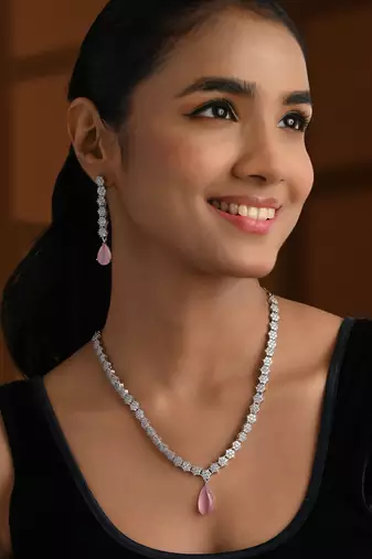 Silver plated cubic zirconia american diamond necklace & earrings jewellery set for women