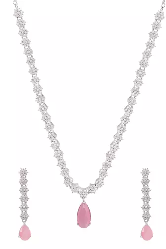 Silver plated cubic zirconia american diamond necklace & earrings jewellery set for women