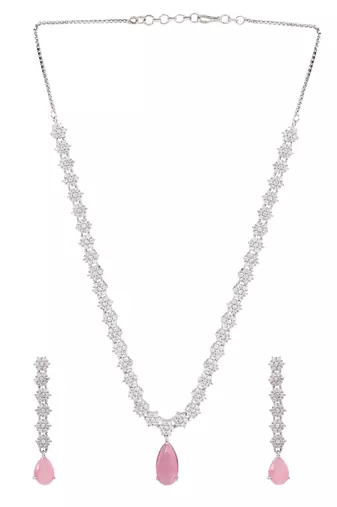 Silver plated cubic zirconia american diamond necklace & earrings jewellery set for women