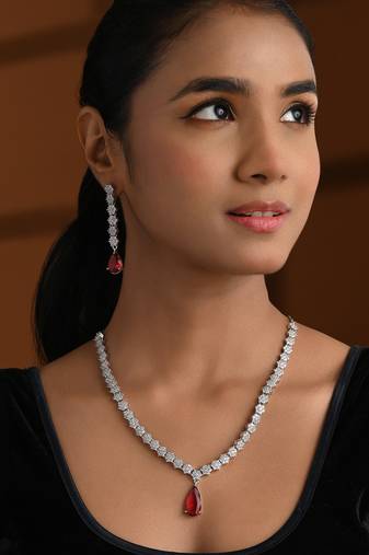 Silver plated cubic zirconia american diamond necklace & earrings jewellery set for women