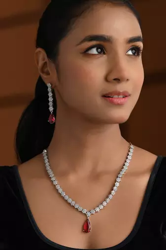 Silver plated cubic zirconia american diamond necklace & earrings jewellery set for women