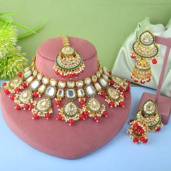 Elegant red color kundan necklace set for traditional wedding wear 1