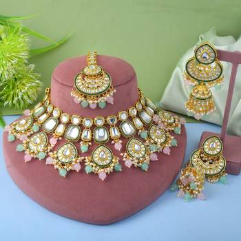 Dual pink & pista green color kundan necklace set for festive look 1