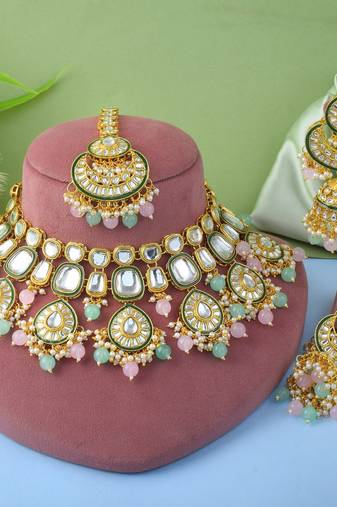 Dual pink & pista green color kundan necklace set for festive look