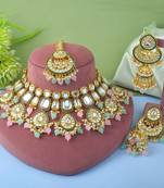 Dual pink & pista green color kundan necklace set for festive look