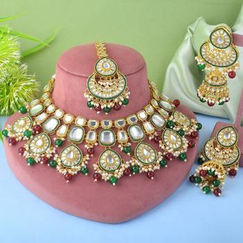 Maroon & green color kundan necklace set for bridal and party use 1